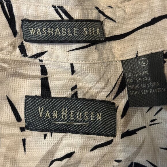 Van Heusen Washable Silk Hawaiian Shirt L Leaf Print Beige Black Short Sleeve - Picture 4 of 9